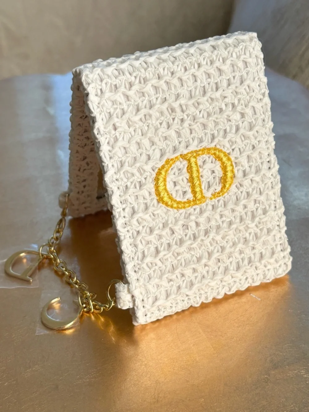 Dior White Raffia Mirror with “CD” Charms